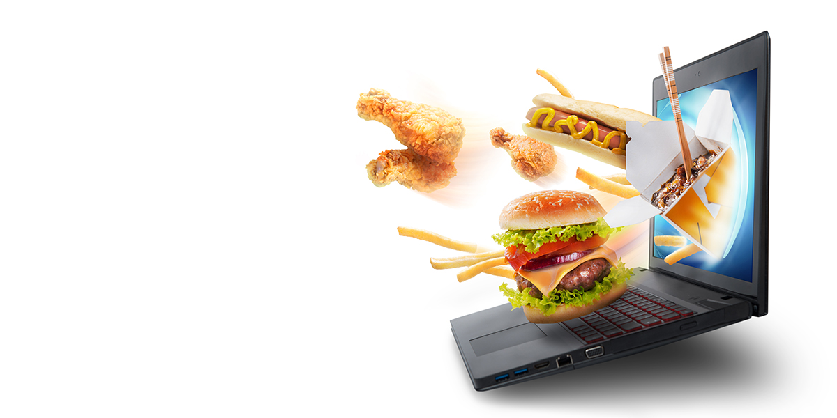 Computer Screen With Burger, Chicken, And Hotdog Coming Out
