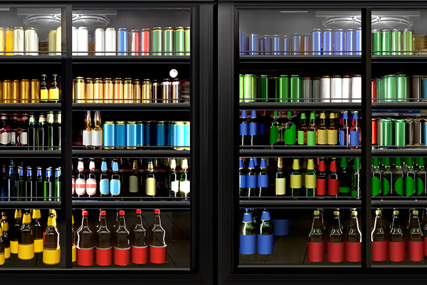 Refrigerator In Micro Market With Variety Of Cold Alcoholic Beverages