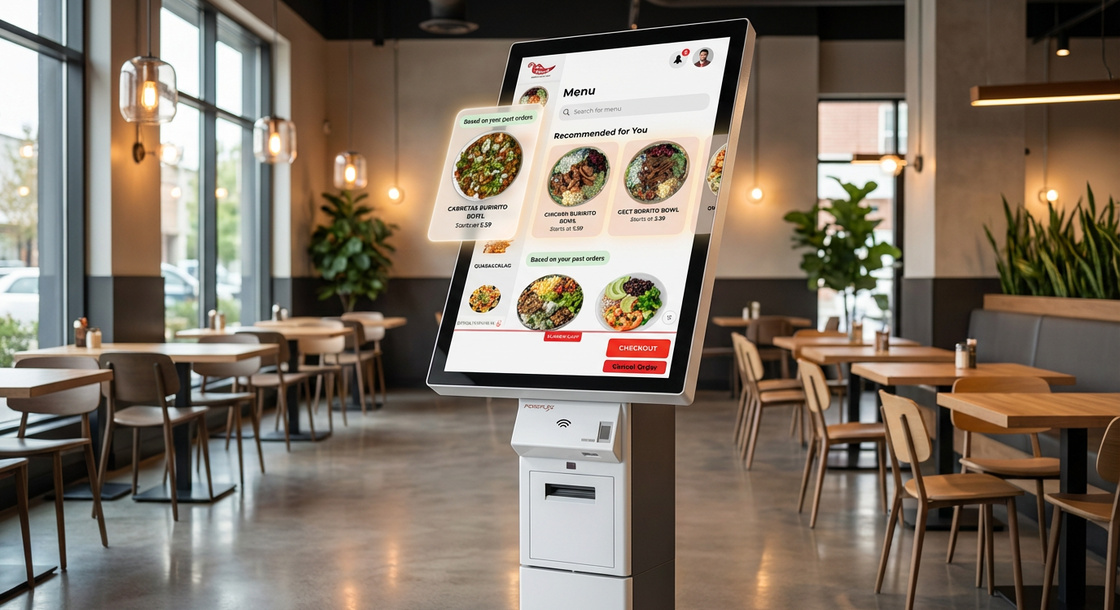 GRUBBRR self-ordering kiosk with AI-powered personalization features in modern restaurant setting
