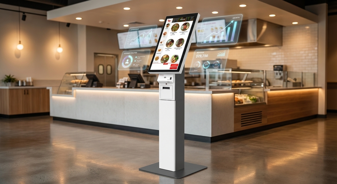 GRUBBRR self-ordering kiosk with AI-powered interface in modern QSR restaurant showing touchscreen menu and integrated payment hardware