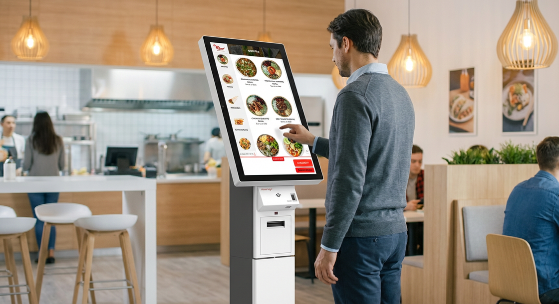 GRUBBRR self-ordering kiosk with AI-powered features in modern QSR restaurant