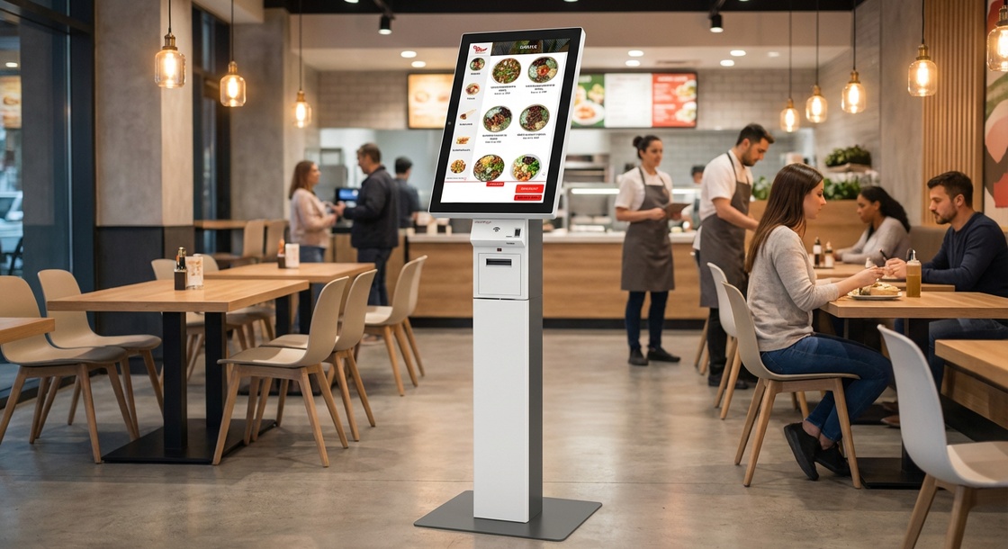 GRUBBRR self-ordering kiosk with AI-powered interface in modern QSR restaurant