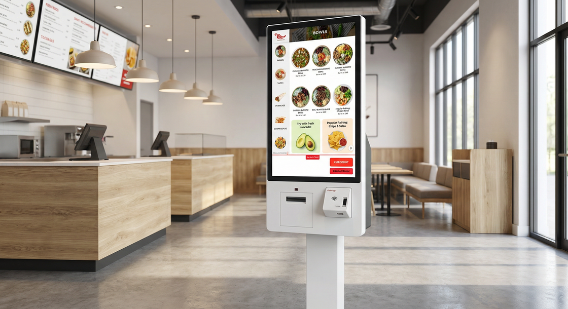 GRUBBRR self-ordering kiosk with AI-powered interface in modern QSR restaurant