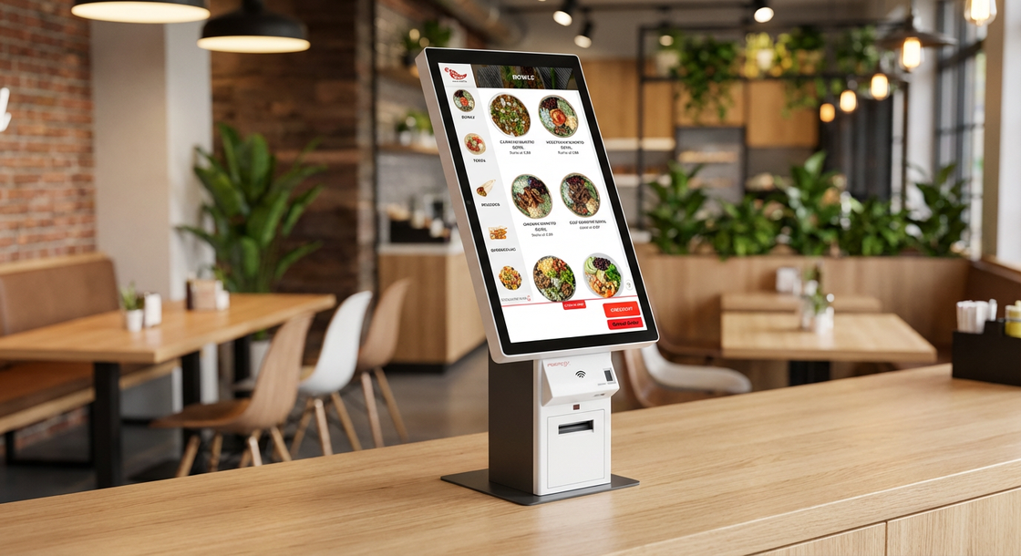 GRUBBRR self-ordering kiosk in modern QSR restaurant showing all-in-one platform with touchscreen interface and integrated payment hardware
