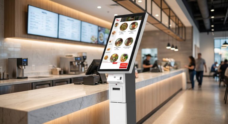 GRUBBRR self-ordering kiosk in modern QSR restaurant showing touchscreen menu interface and integrated payment system