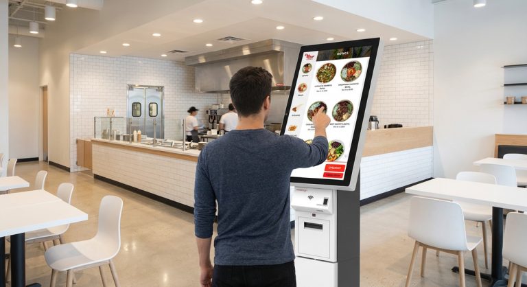 GRUBBRR self-ordering kiosk in modern restaurant helping solve labor shortage challenges