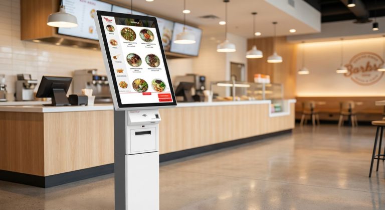 GRUBBRR self-ordering kiosk in modern quick-service restaurant showcasing white touchscreen technology for QSR automation
