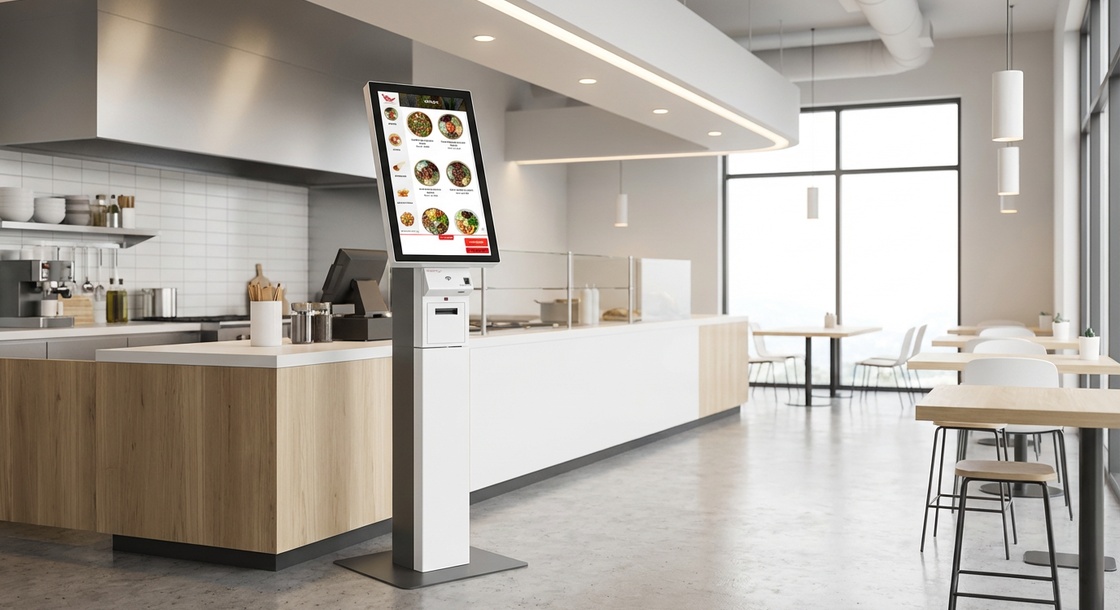 GRUBBRR self-ordering kiosk in modern QSR restaurant showing touchscreen menu interface and integrated payment system