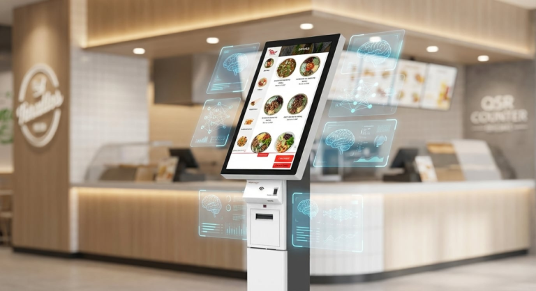 GRUBBRR intelligent self-service kiosk with AI-powered ordering interface in modern QSR restaurant