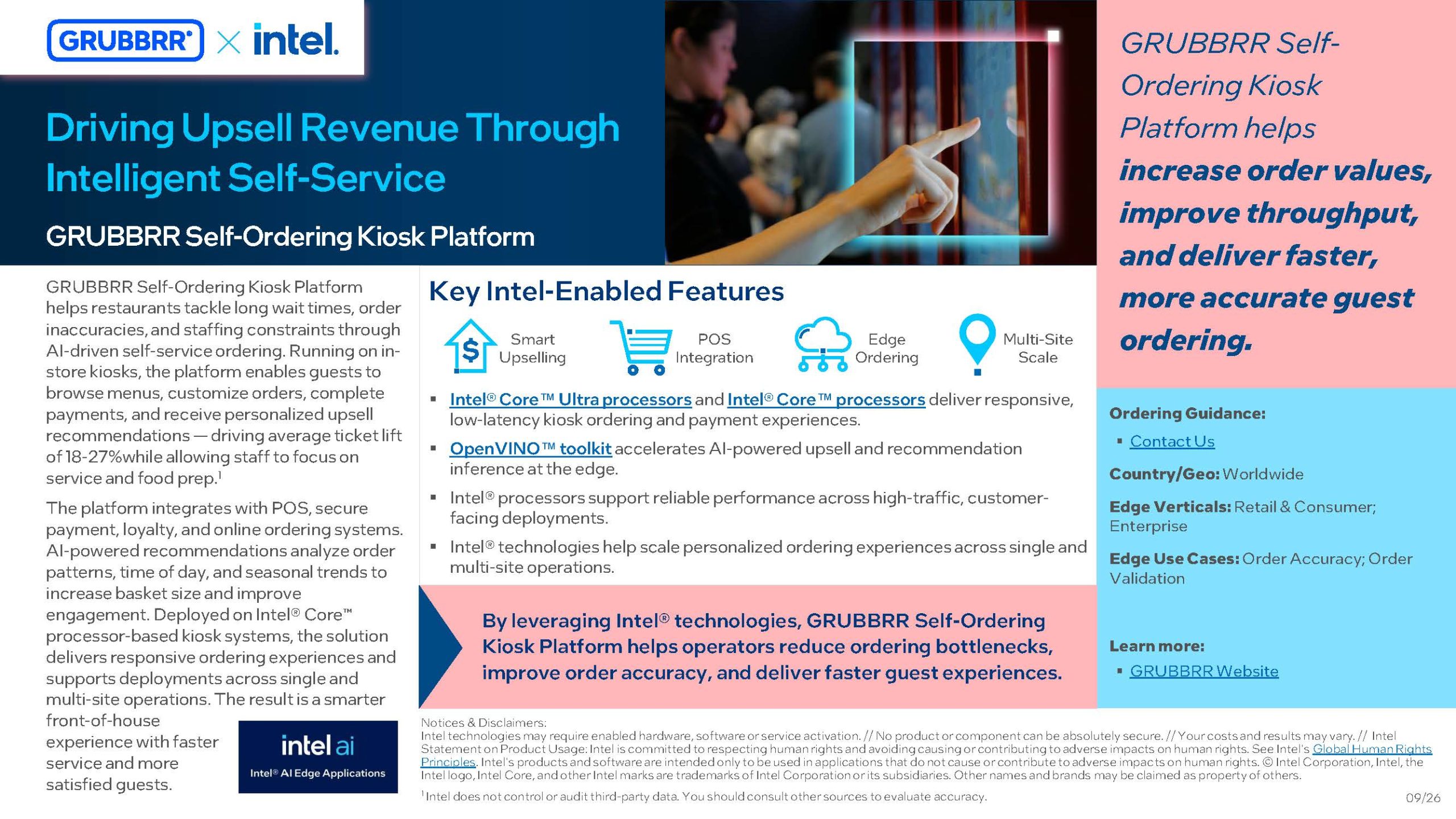 GRUBBRR × Intel AI graphic. A customer’s hand reaches toward a self-ordering kiosk screen. Text reads “Driving Upsell Revenue Through Intelligent Self-Service.”